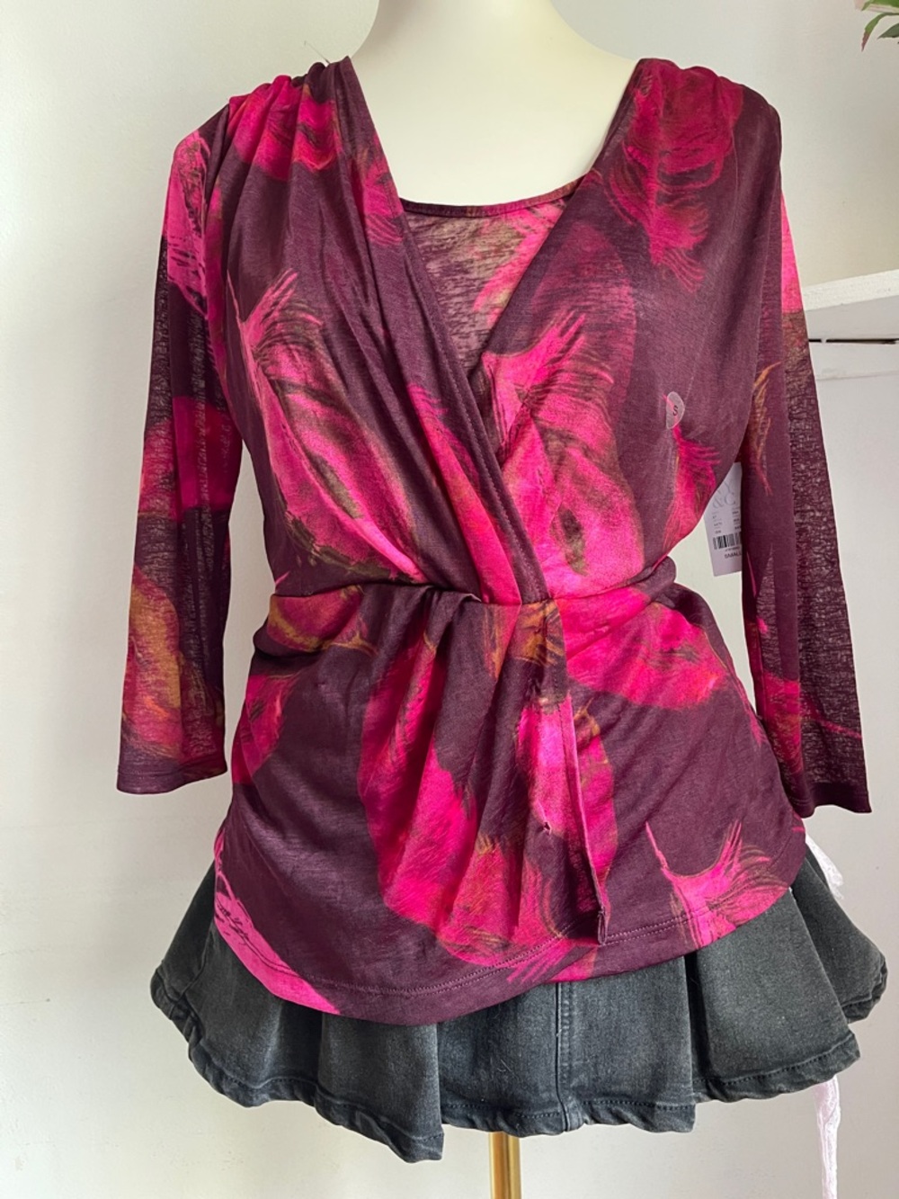 New York & Company Burgundy and Hot Pink Printed Surplice Long Sleeve Top